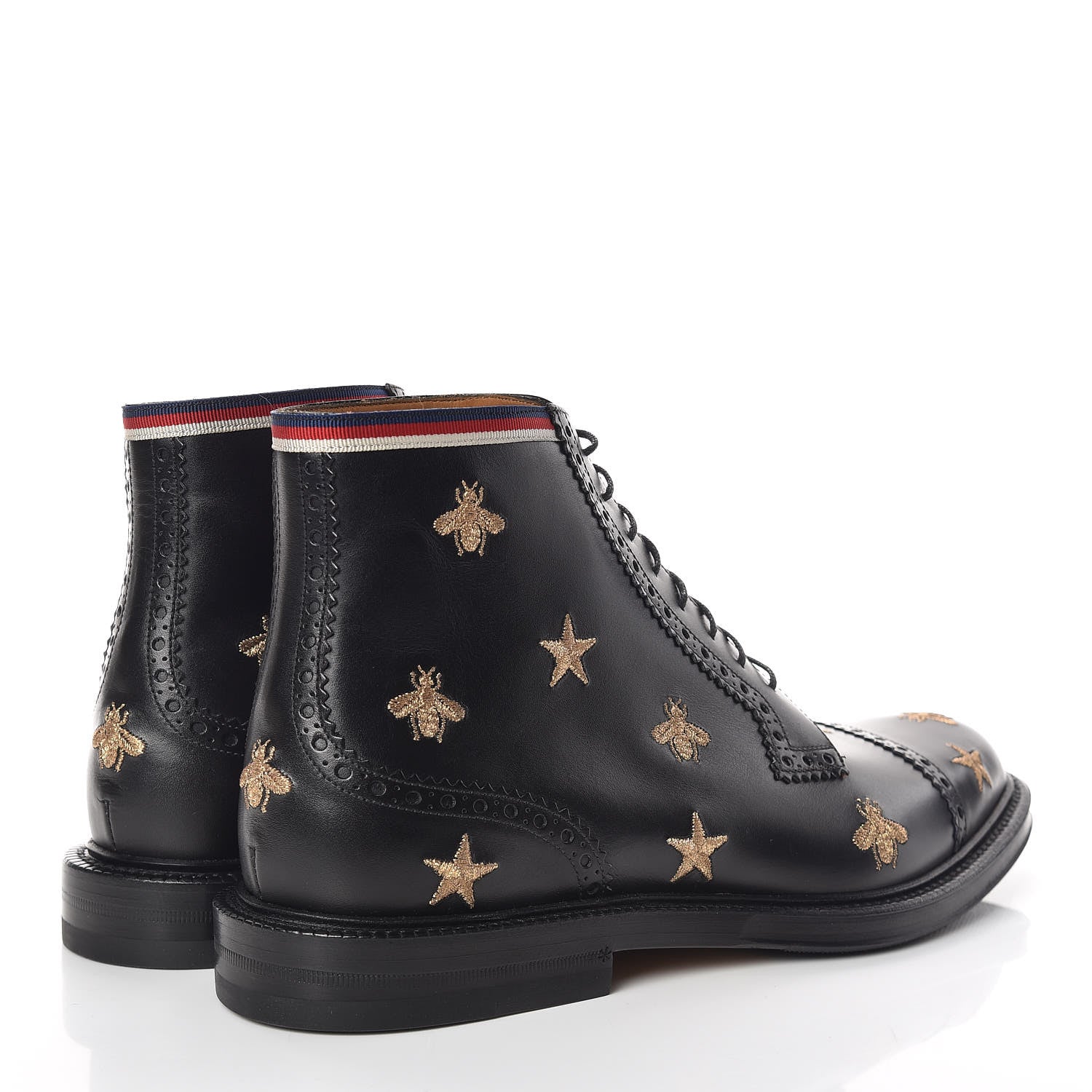 Gucci Calfskin Sylvie Web Bee Star Embroidered Mens Brogue Captoe Boots 7.5 Black 4 of 9