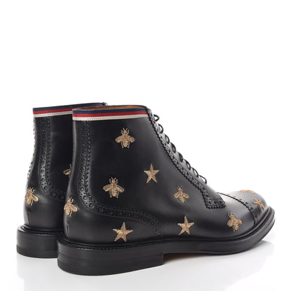 Gucci Calfskin Sylvie Web Bee Star Embroidered Mens Brogue Captoe Boots 7.5 Black 4 of 9