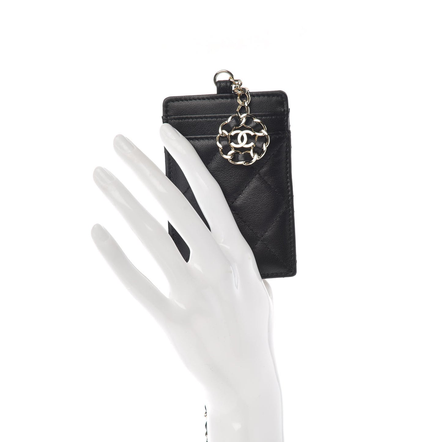 Lambskin Quilted Card Holder On Chain Black