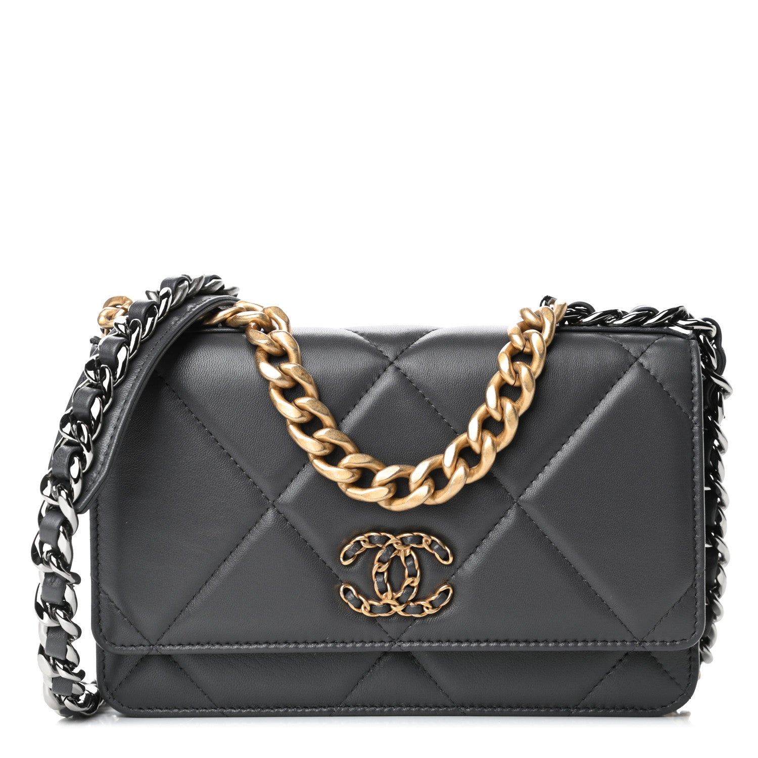 Chanel Lambskin Quilted Chanel 19 Wallet On Chain WOC Dark Grey 1 of 5