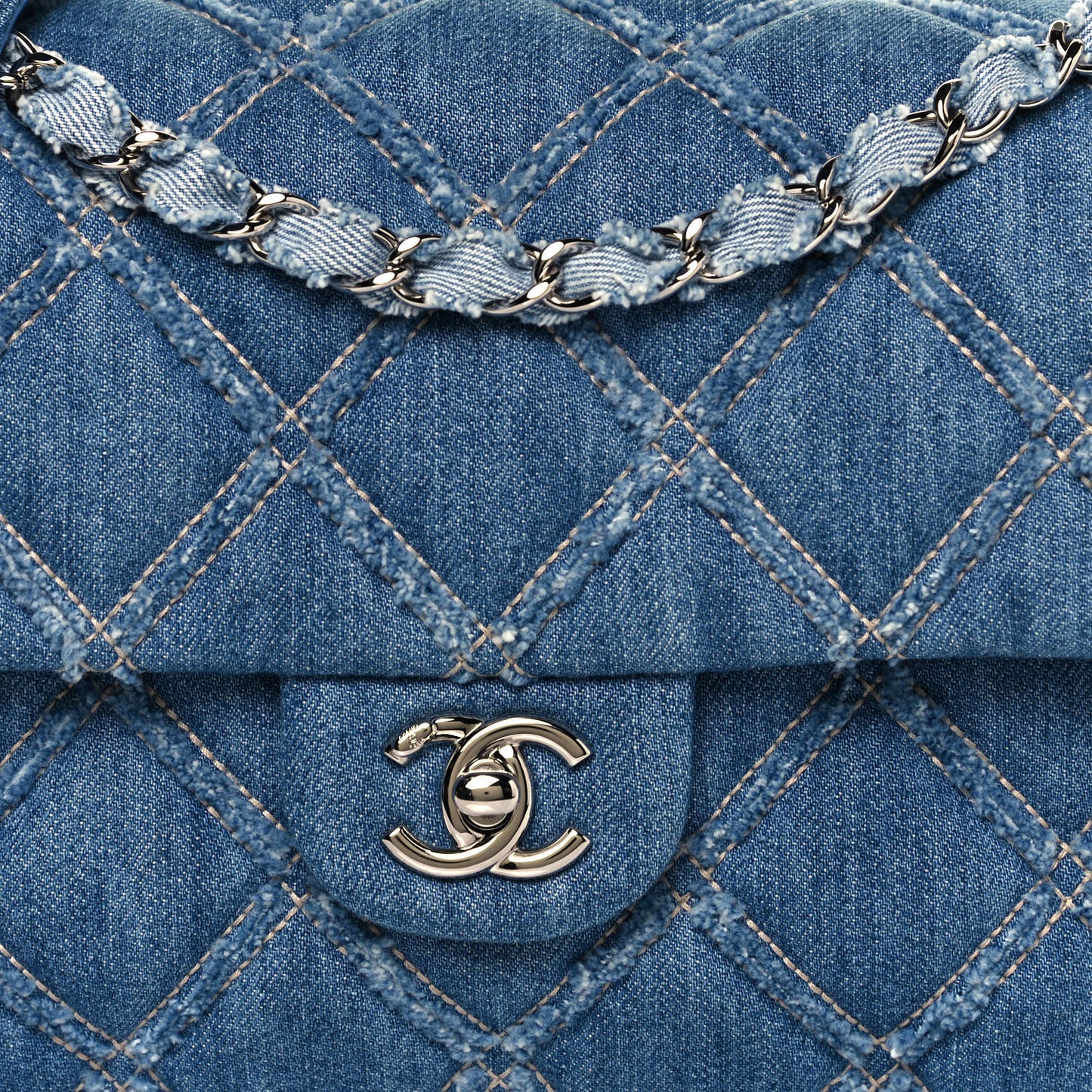 Denim Quilted Medium Distressed Single Flap Blue