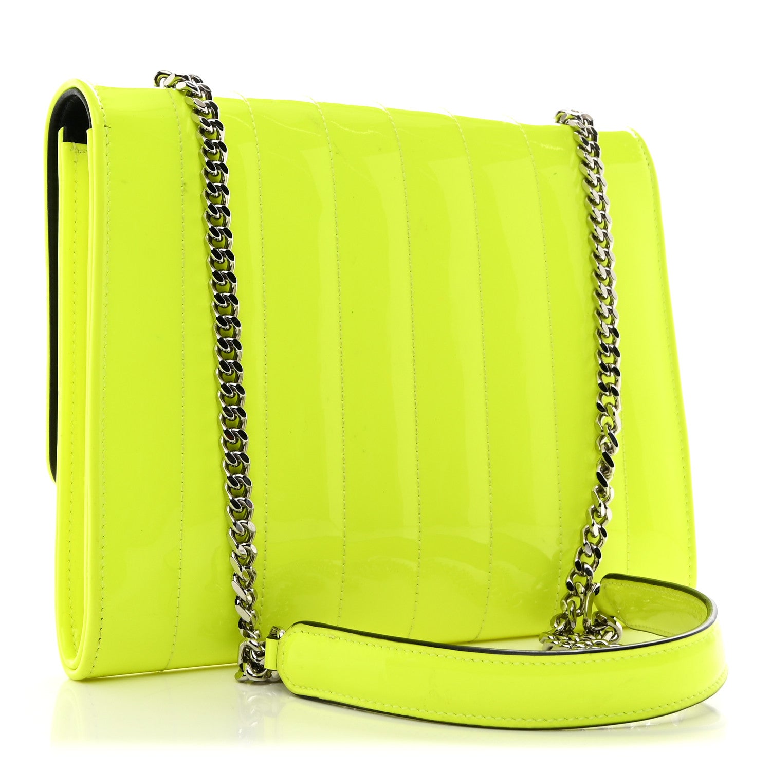 Saint Laurent Patent Calfskin Matelasse Monogram Vicky Chain Wallet Neon Yellow 3 of 18