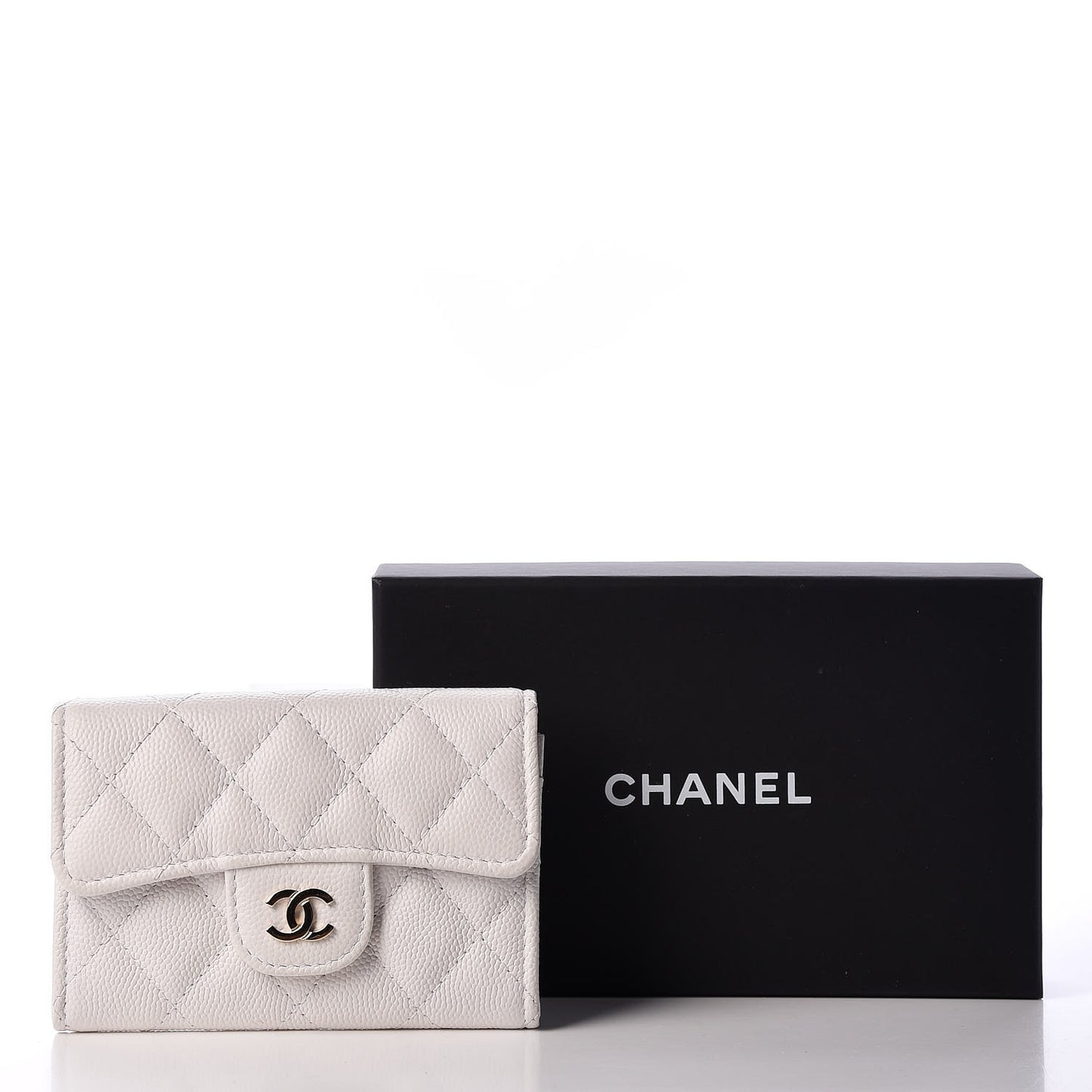 Caviar Quilted Flap Card Holder Wallet White