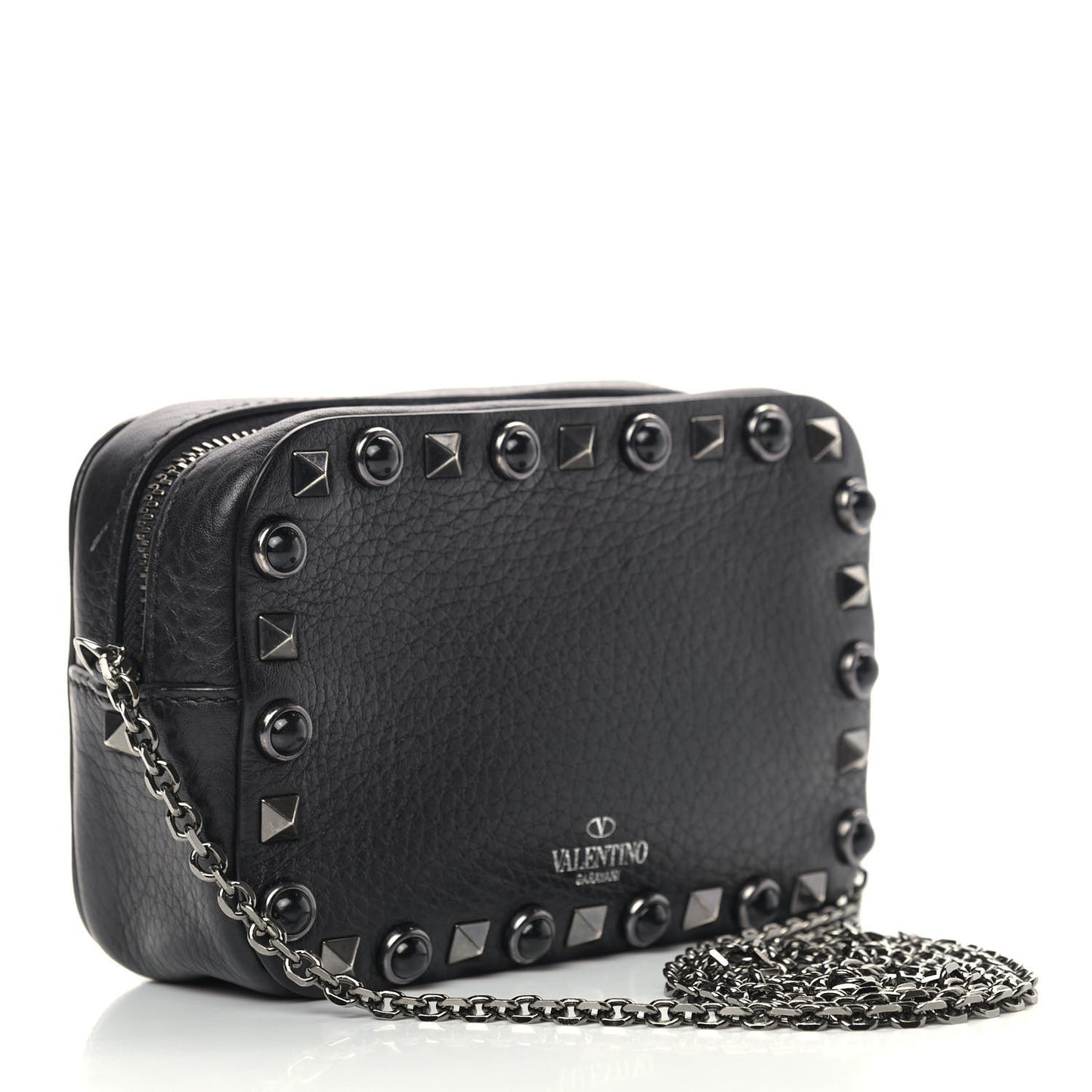 Calfskin Small Rockstud Rolling Chain Camera Crossbody Bag Black