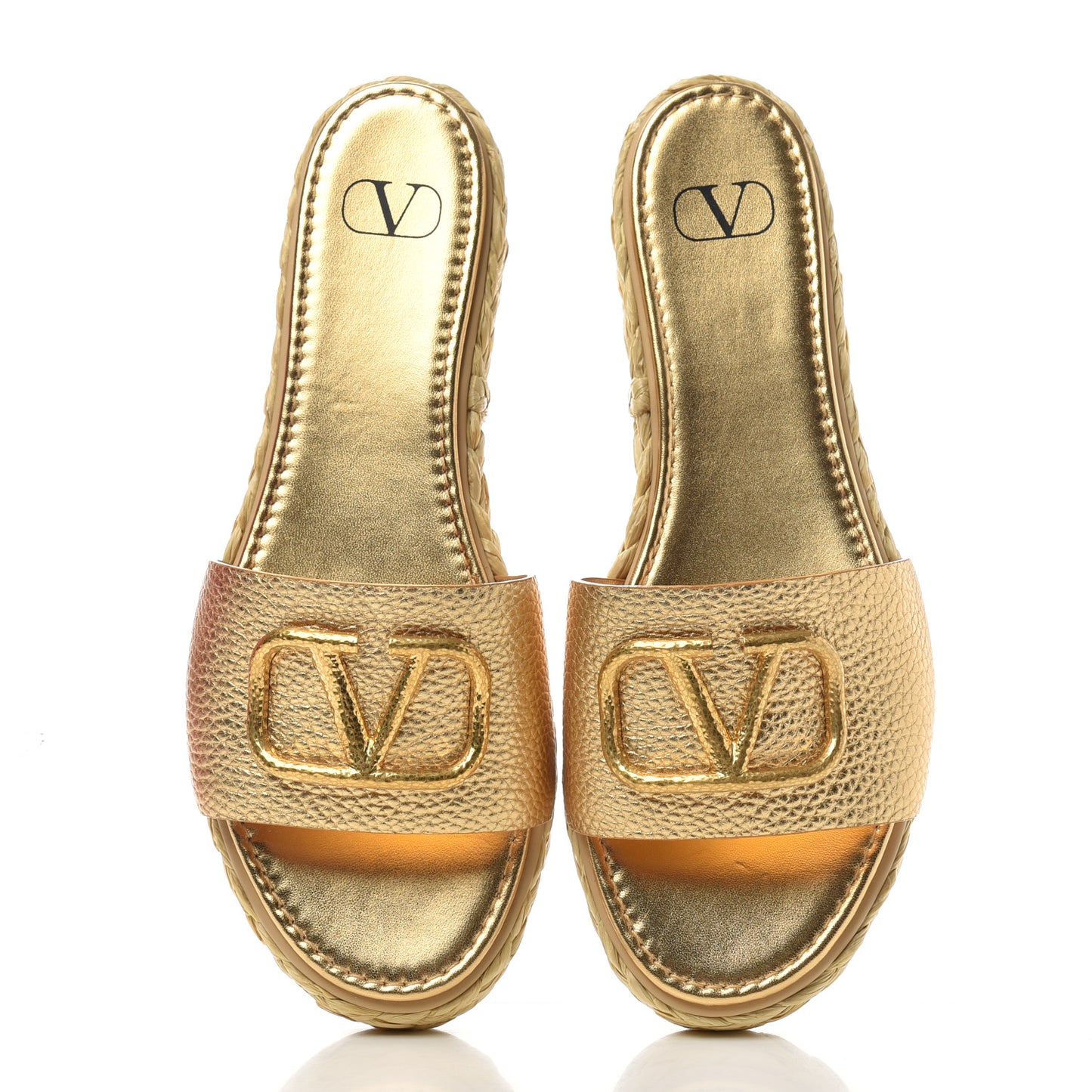 Metallic Pebbled Calfskin Vlogo Espadrille 5mm Flat Slide Sandals 41 Antique Brass