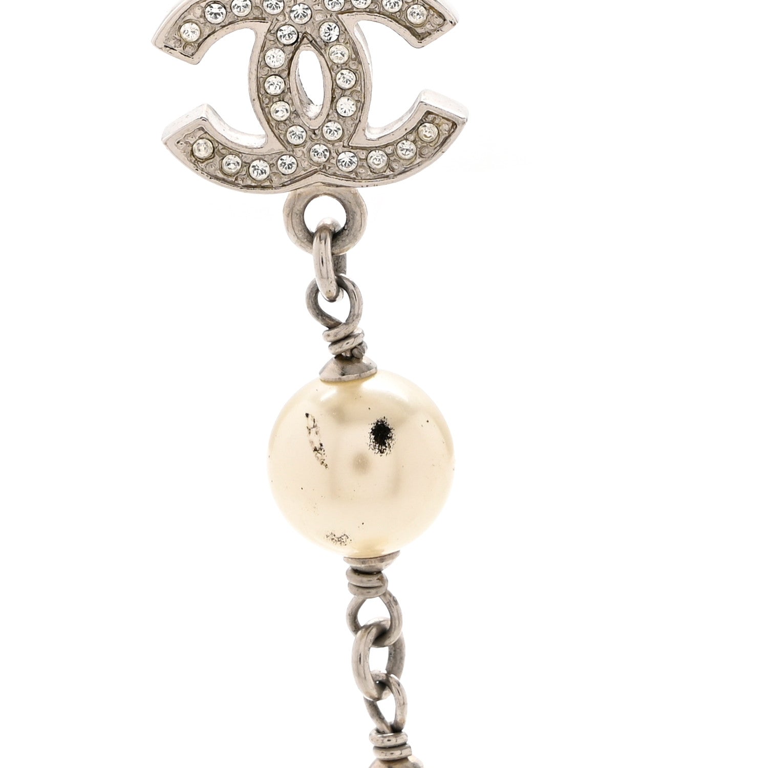 Chanel Graduated Pearl Crystal CC Long Necklace Silver 6 of 8