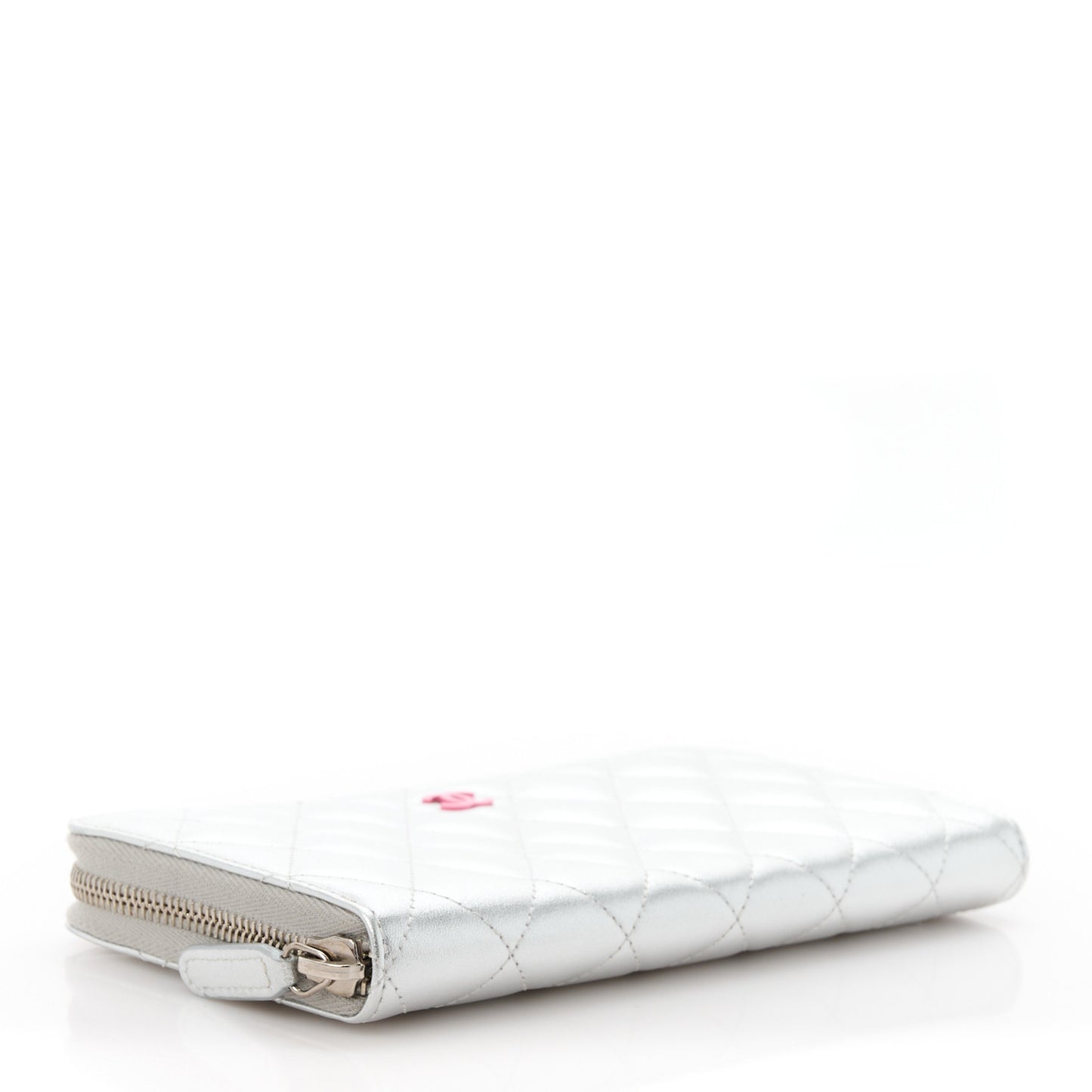 Metallic Lambskin Quilted Large Gusset Zip Around Wallet Silver Pink