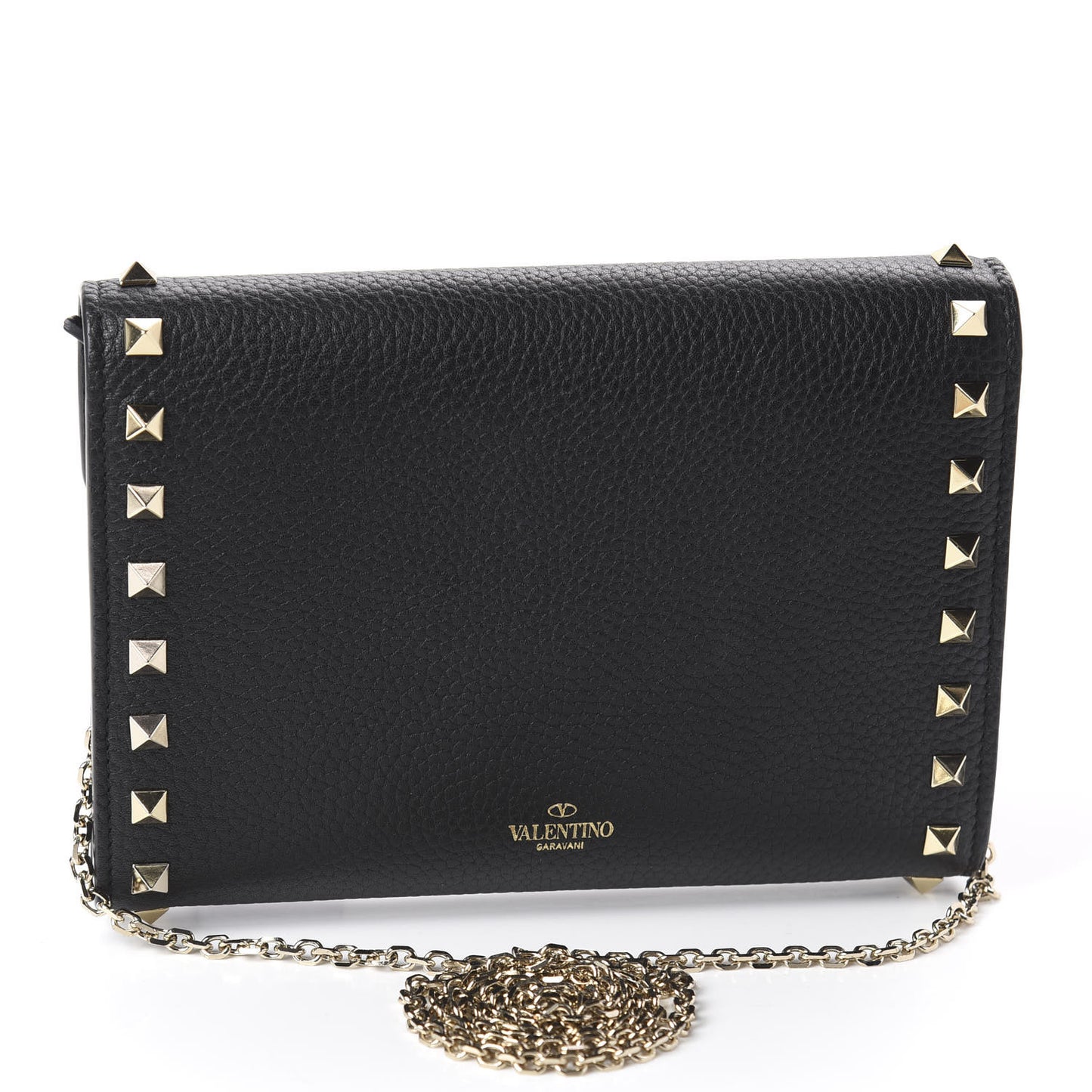 Pebbled Calfskin Rockstud Envelope Wallet on Chain Black