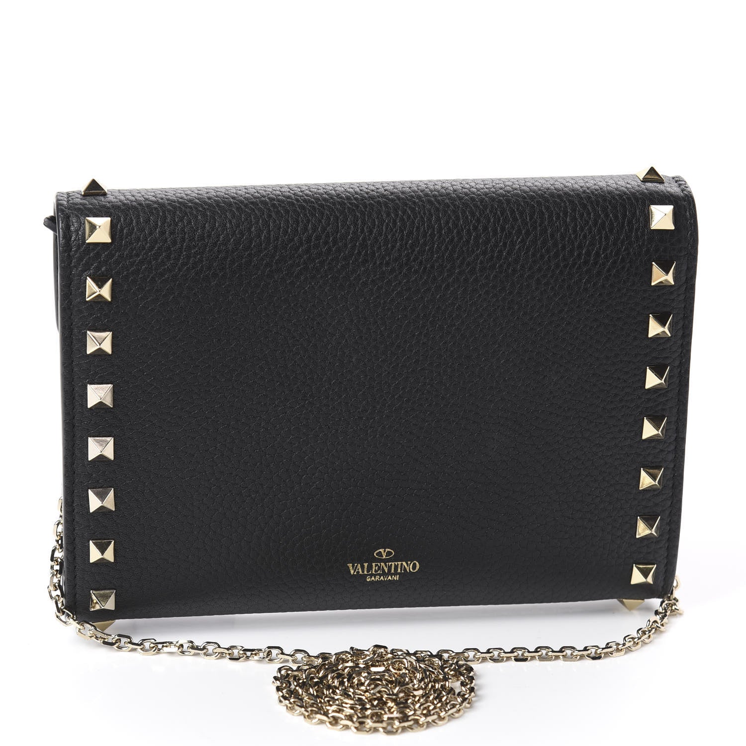 Valentino Garavani Pebbled Calfskin Rockstud Envelope Wallet on Chain Black 2 of 10
