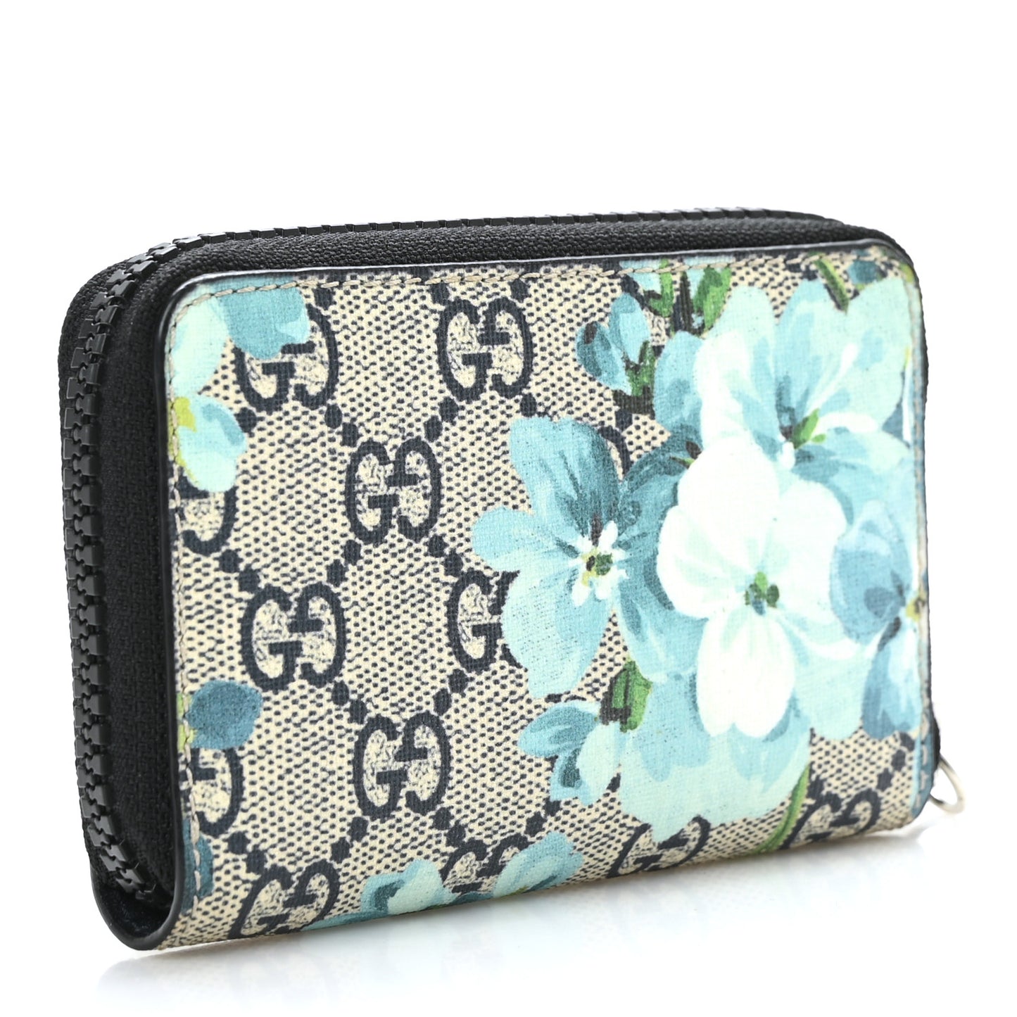 GG Supreme Monogram Blooms Zip Around Card Case Wallet Beige Blue Navy