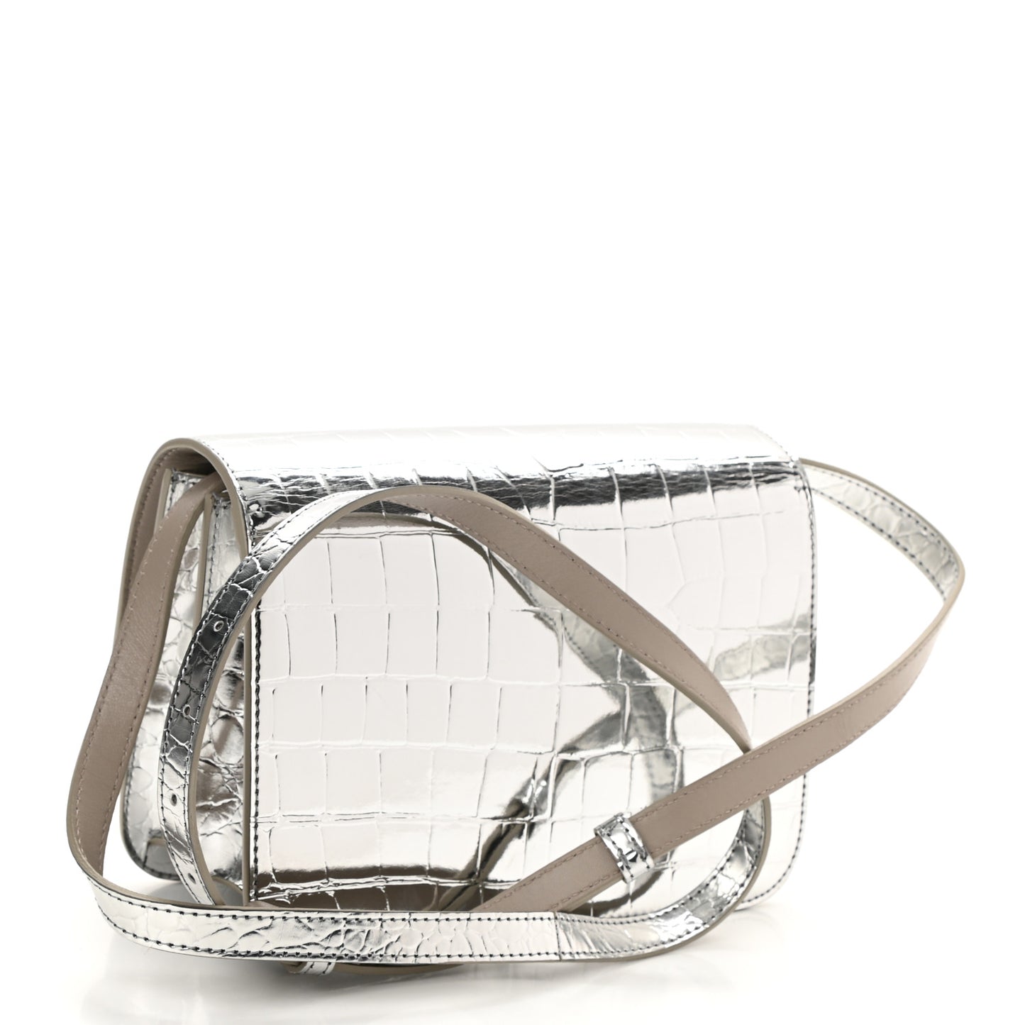Metallic Patent Crocodile Embossed Small TB Shoulder Bag Silver
