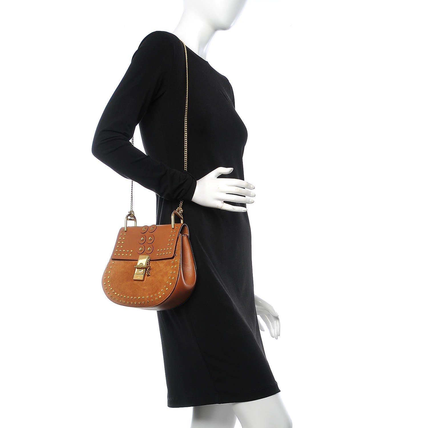 Chloe Suede Smooth Calfskin Studded Drew Shoulder Bag Caramel 2 of 10