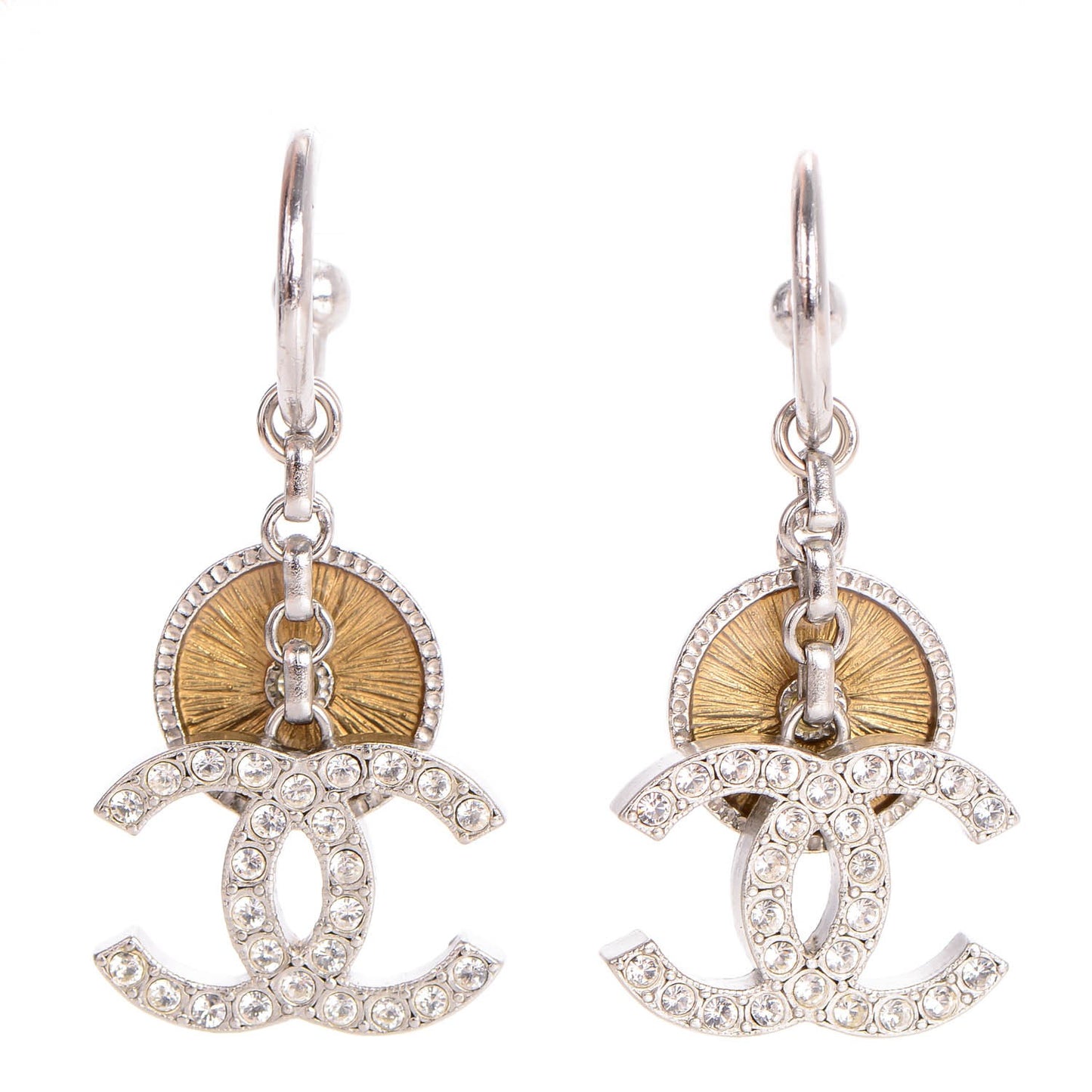 Crystal Medallion CC Dangle Earrings Silver Gold