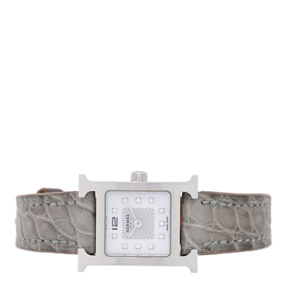 Hermes Stainless Steel Alligator Diamond Mother of Pearl 17.2mm Heure H Hour Quartz Watch Gris Perle 2 of 5