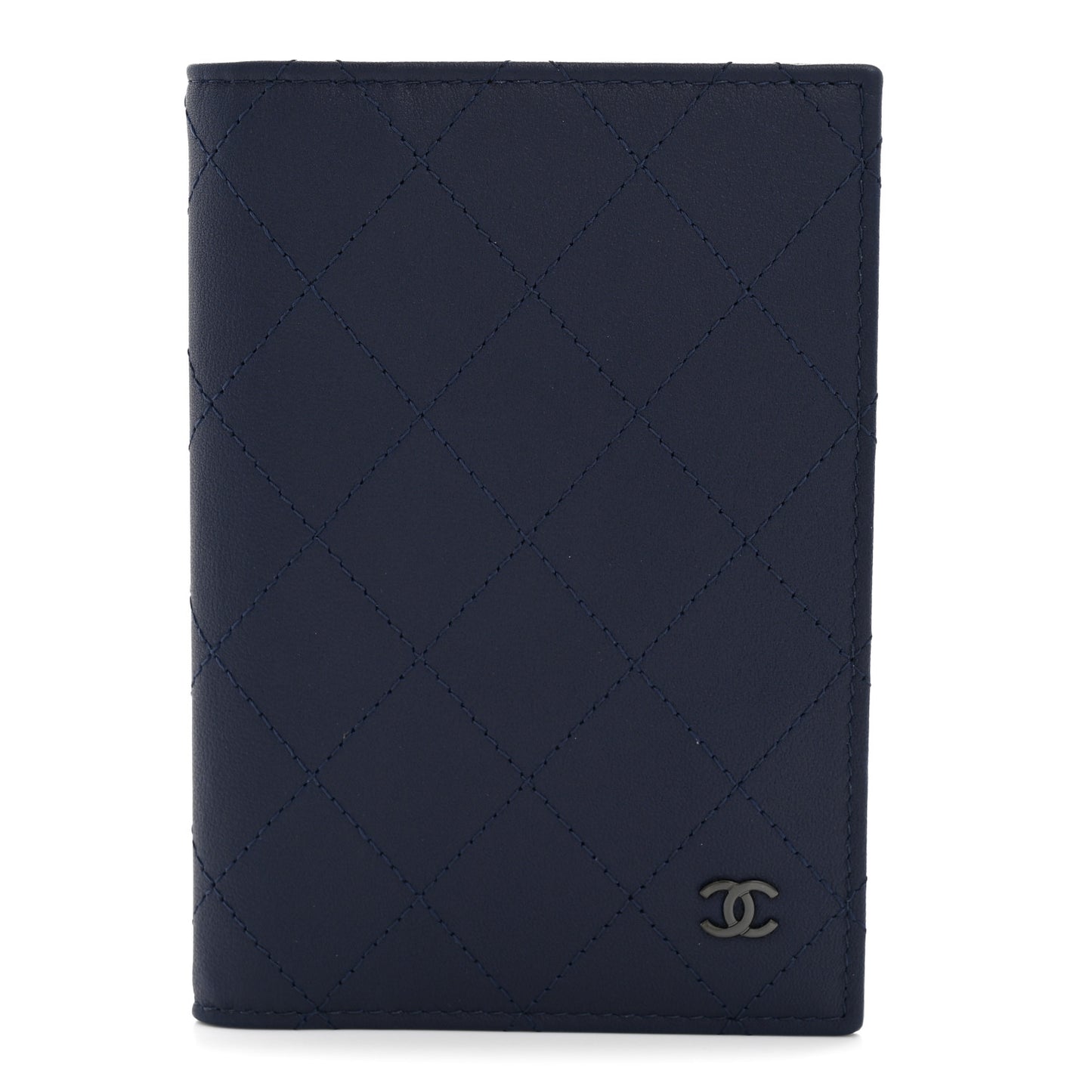 Grained Calfskin Quilted Passport Holder Wallet Navy