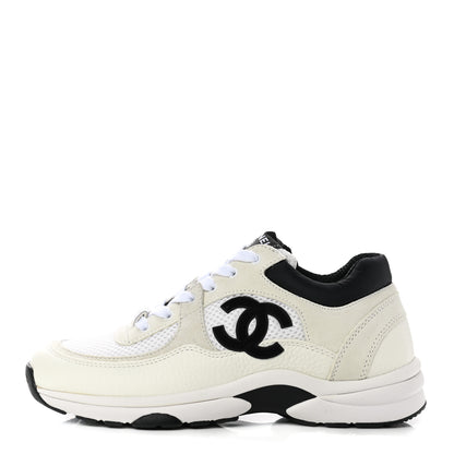 Chanel Mesh Suede Calfskin Grained Calfskin Womens CC Sneakers 37.5 White Black 1 of 8