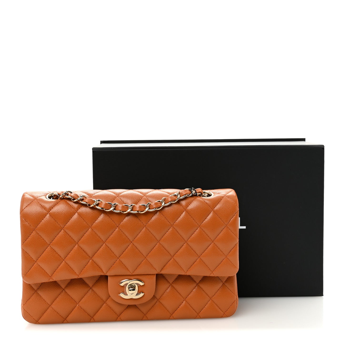 Caviar Quilted Medium Double Flap Light Brown