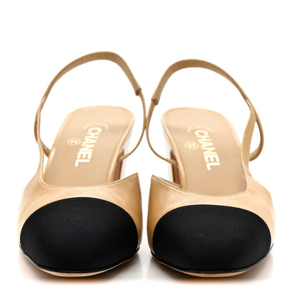 Chanel Goatskin Grosgrain Cap Toe CC Slingback Pumps 41 Beige Black 3 of 12