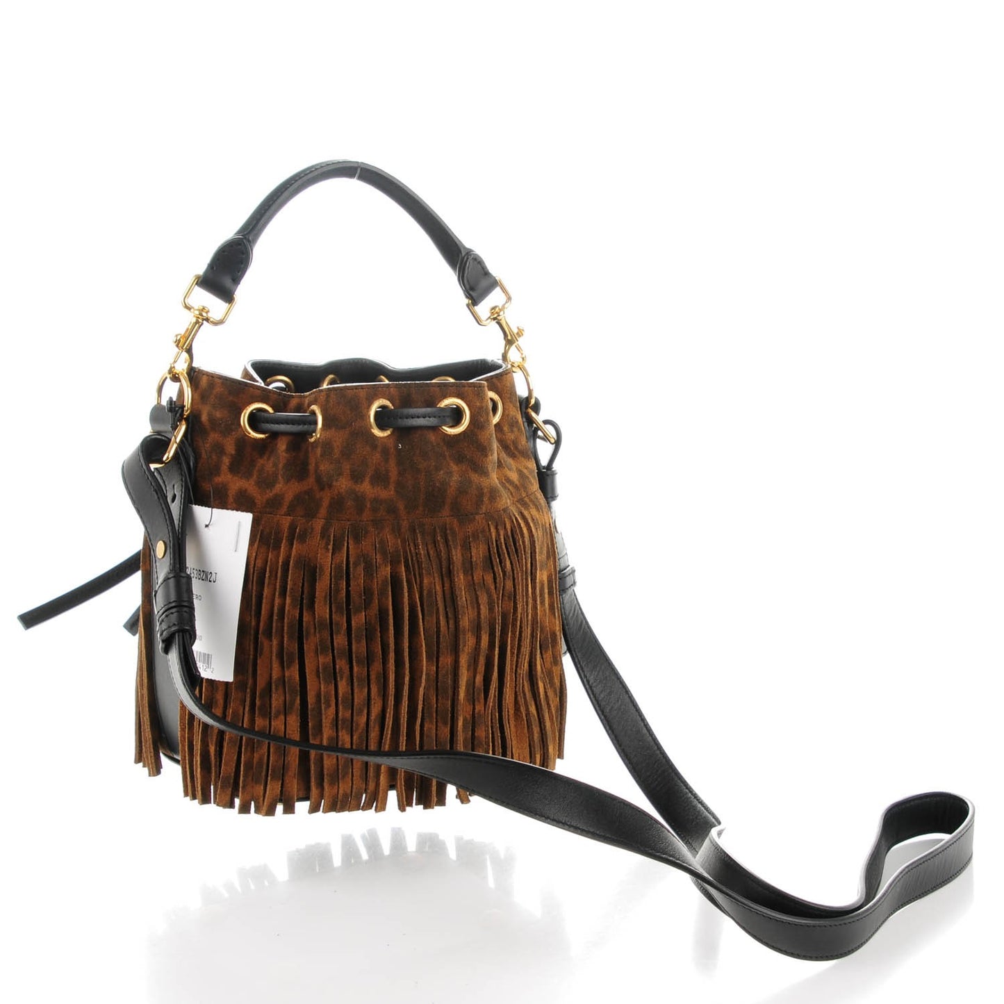 Suede Leopard Small Emmanuelle Fringe Bucket Bag Tan Black