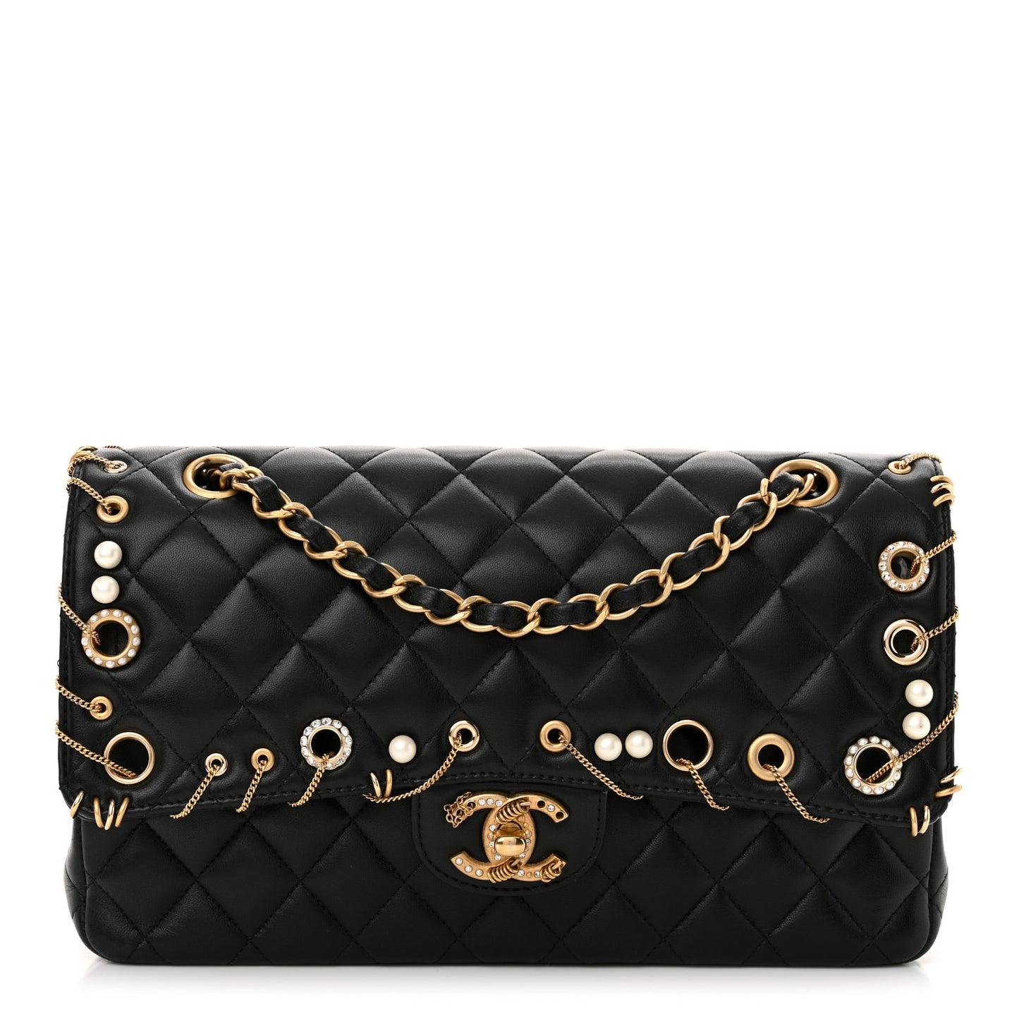 Lambskin Quilted Grommet Embellished Piercing Chic Medium Double Flap Black