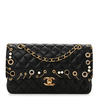 Chanel Lambskin Quilted Grommet Embellished Piercing Chic Medium Double Flap Black 1 of 12