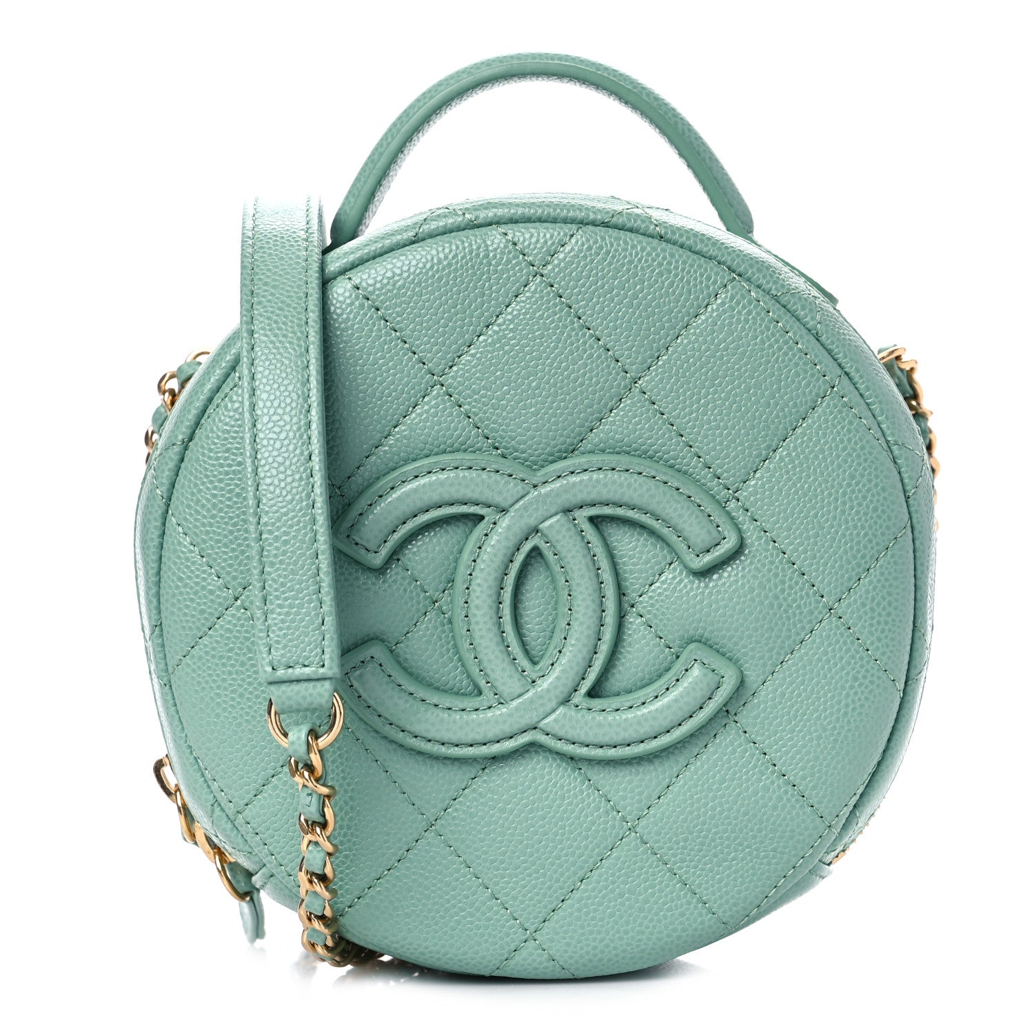 image of CHANEL Caviar Quilted Small Round Vanity With Chain in the color Green by FASHIONPHILE