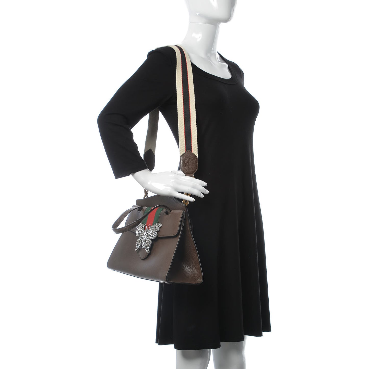 Textured Calfskin Web Crystal Butterfly Stripe Medium Totem Top Handle Bag New Acero