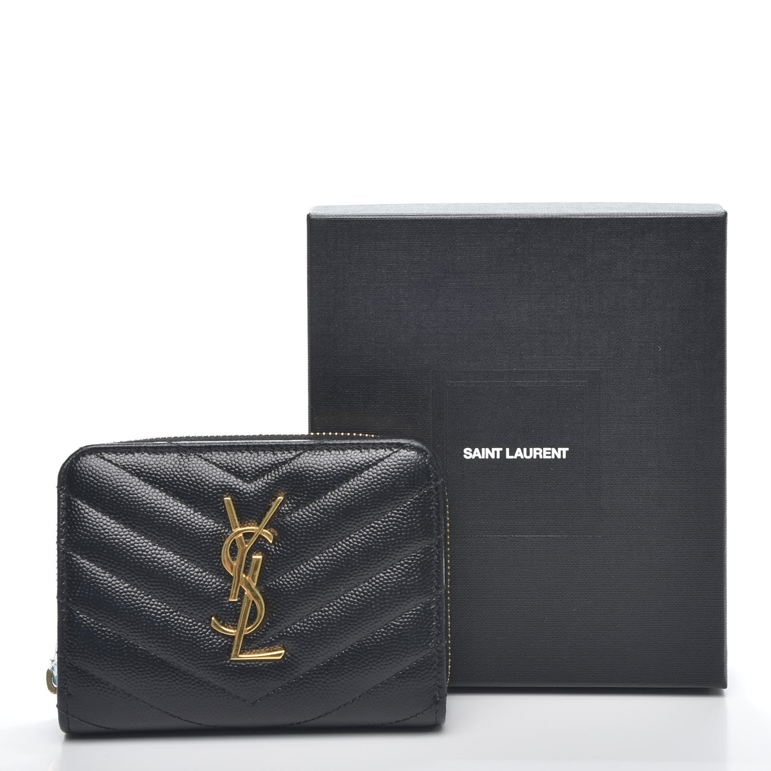 Saint Laurent Grain De Poudre Matelasse Chevron Monogram Compact Zip Around Wallet Black 8 of 8