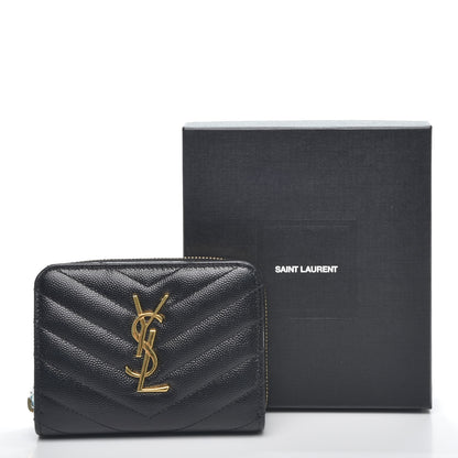 Saint Laurent Grain De Poudre Matelasse Chevron Monogram Compact Zip Around Wallet Black 8 of 8