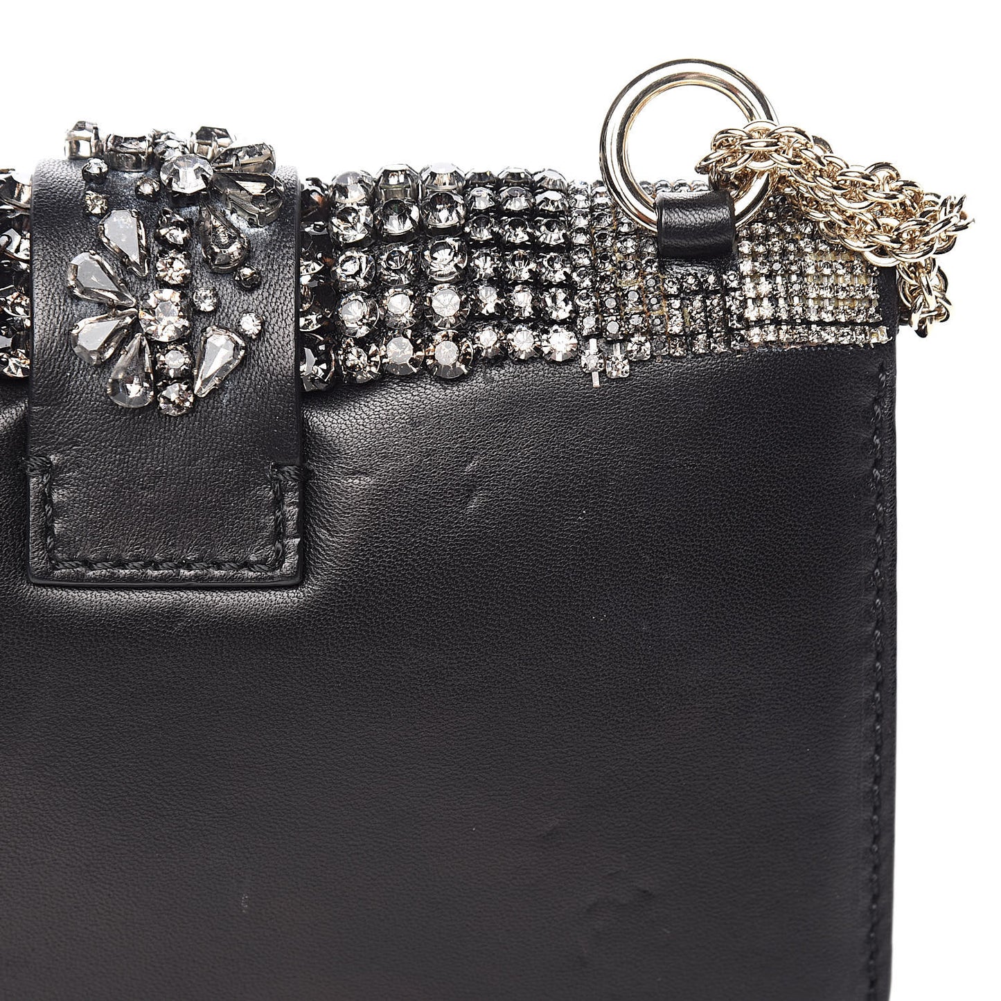 Vitello Crystal Embellished Small Glam Lock Rockstud Flap Black