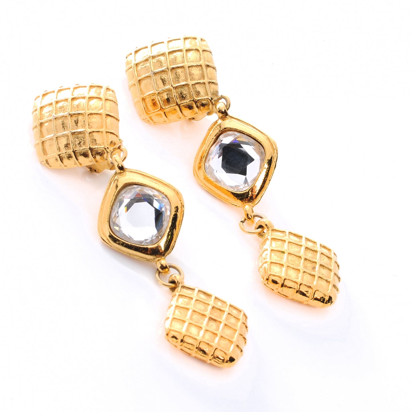 Crystal Quilted Clip On Earrings Gold