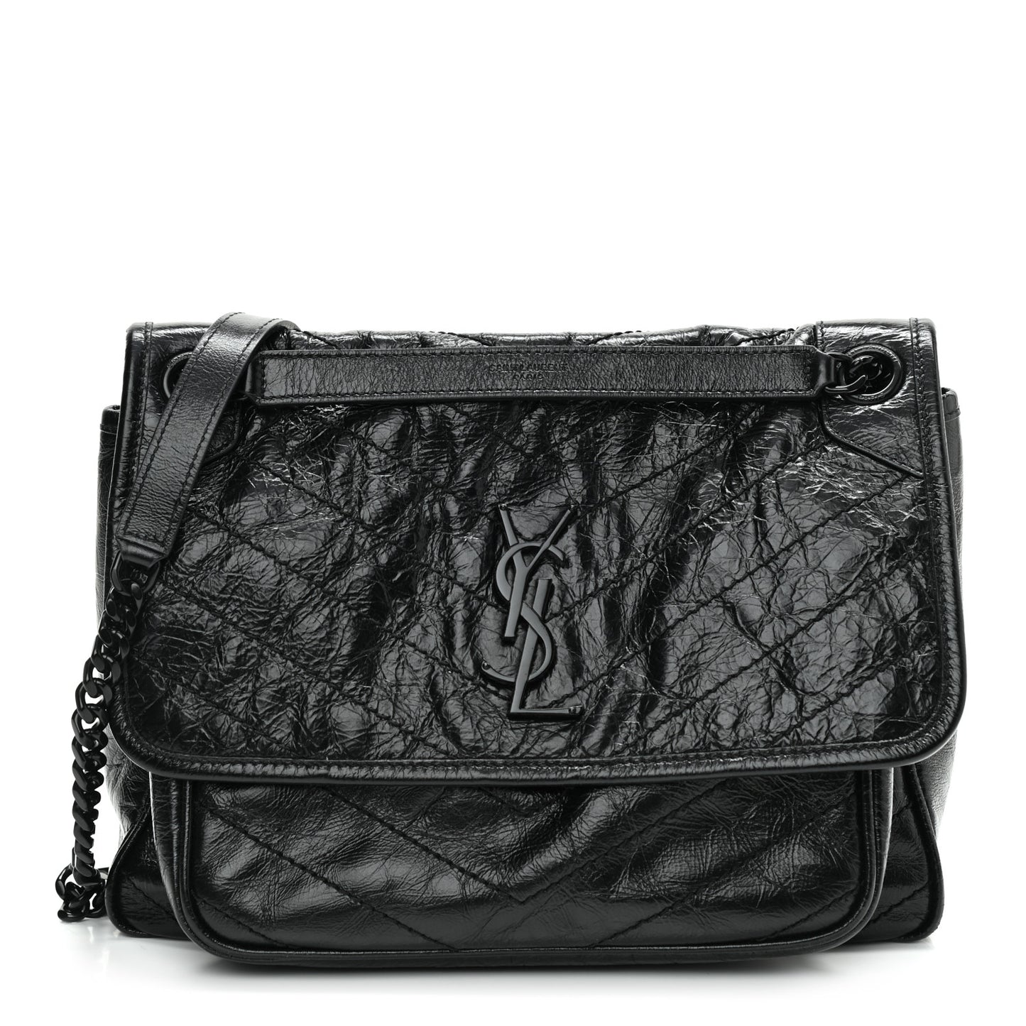 Crinkled Calfskin Matelasse Monogram Medium Niki Chain Satchel Black