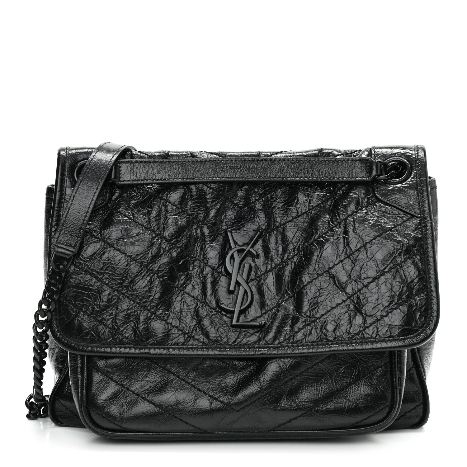 Saint Laurent Crinkled Calfskin Matelasse Monogram Medium Niki Chain Satchel Black 1 of 9