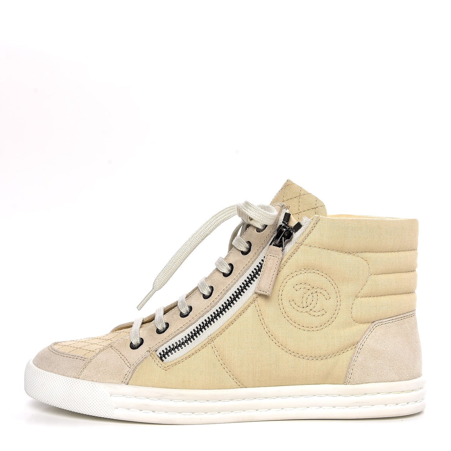Toile Suede Calfskin CC High Top Sneakers 37 Beige White