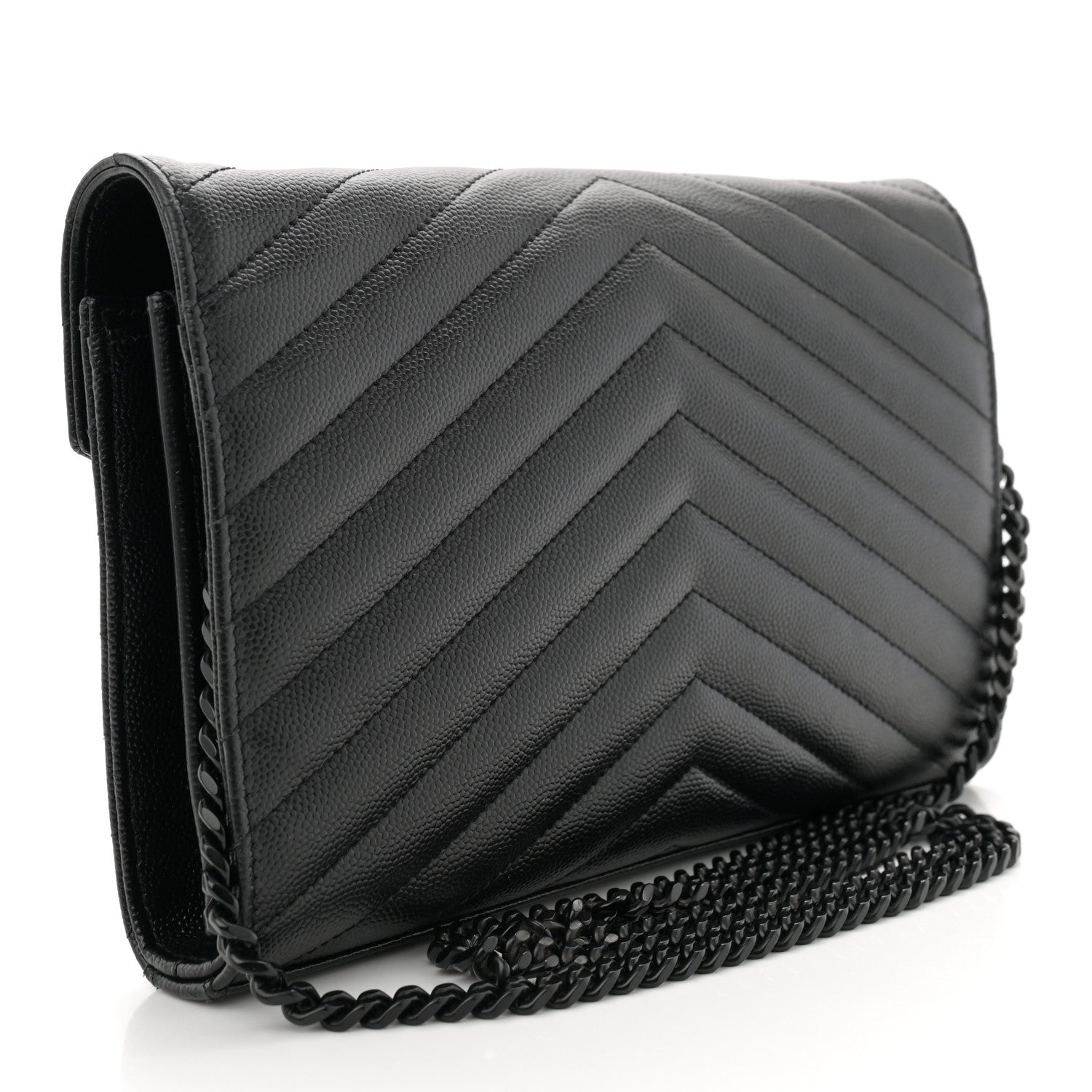 Saint Laurent Grain De Poudre Matelasse Chevron Monogram Monochrome Chain Wallet Black 3 of 11