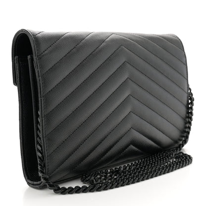 Saint Laurent Grain De Poudre Matelasse Chevron Monogram Monochrome Chain Wallet Black 3 of 11