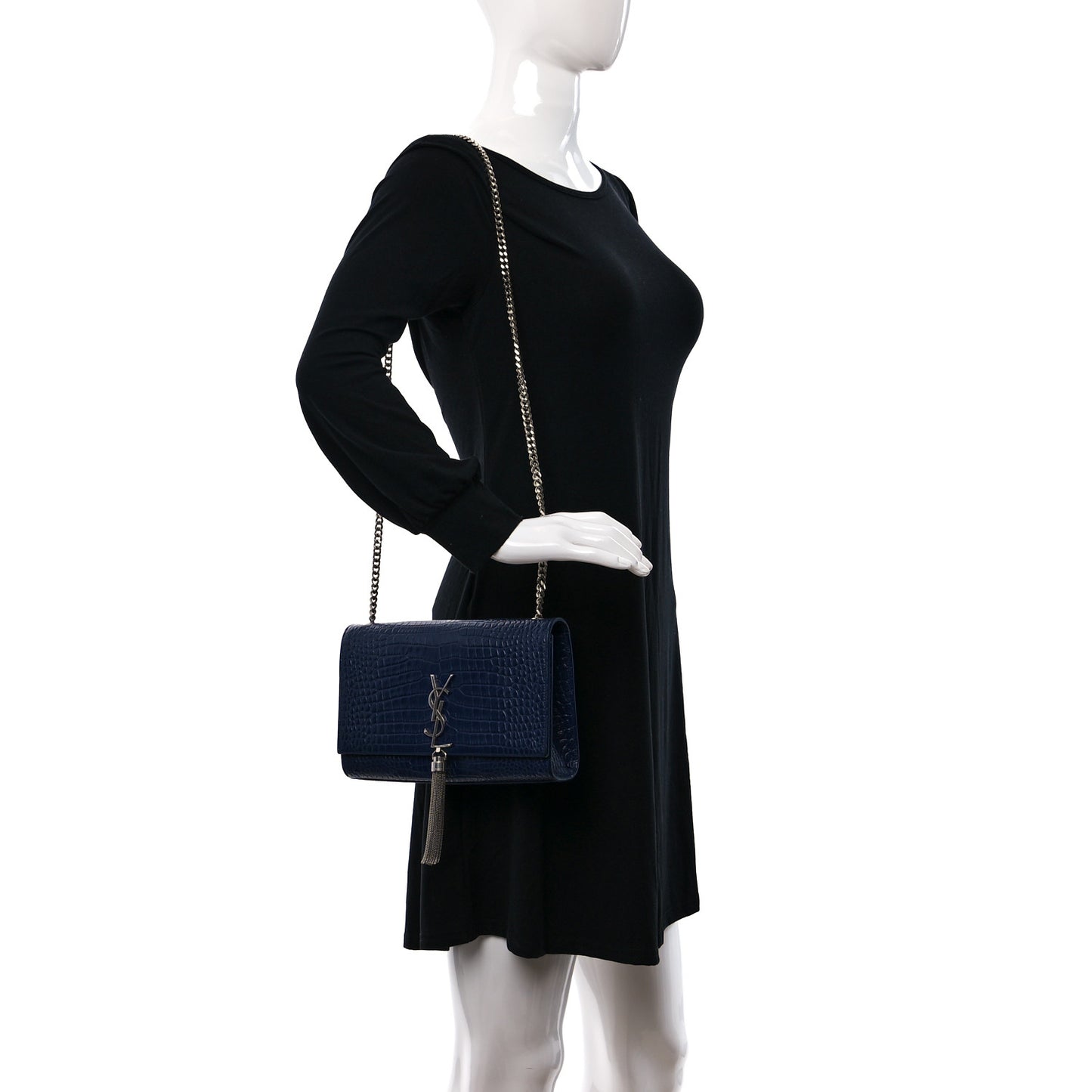 Calfskin Crocodile Embossed Medium Classic Monogram Kate Tassel Satchel Deep Marine