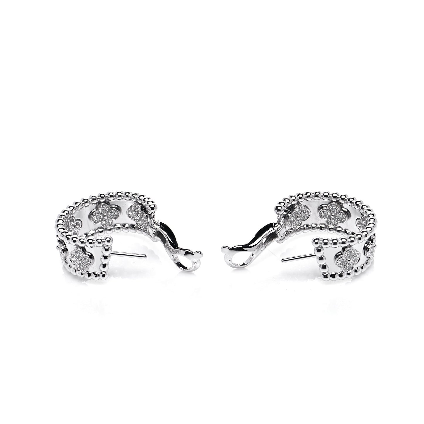 18K White Gold Diamond Perlee Clovers Hoop Earrings