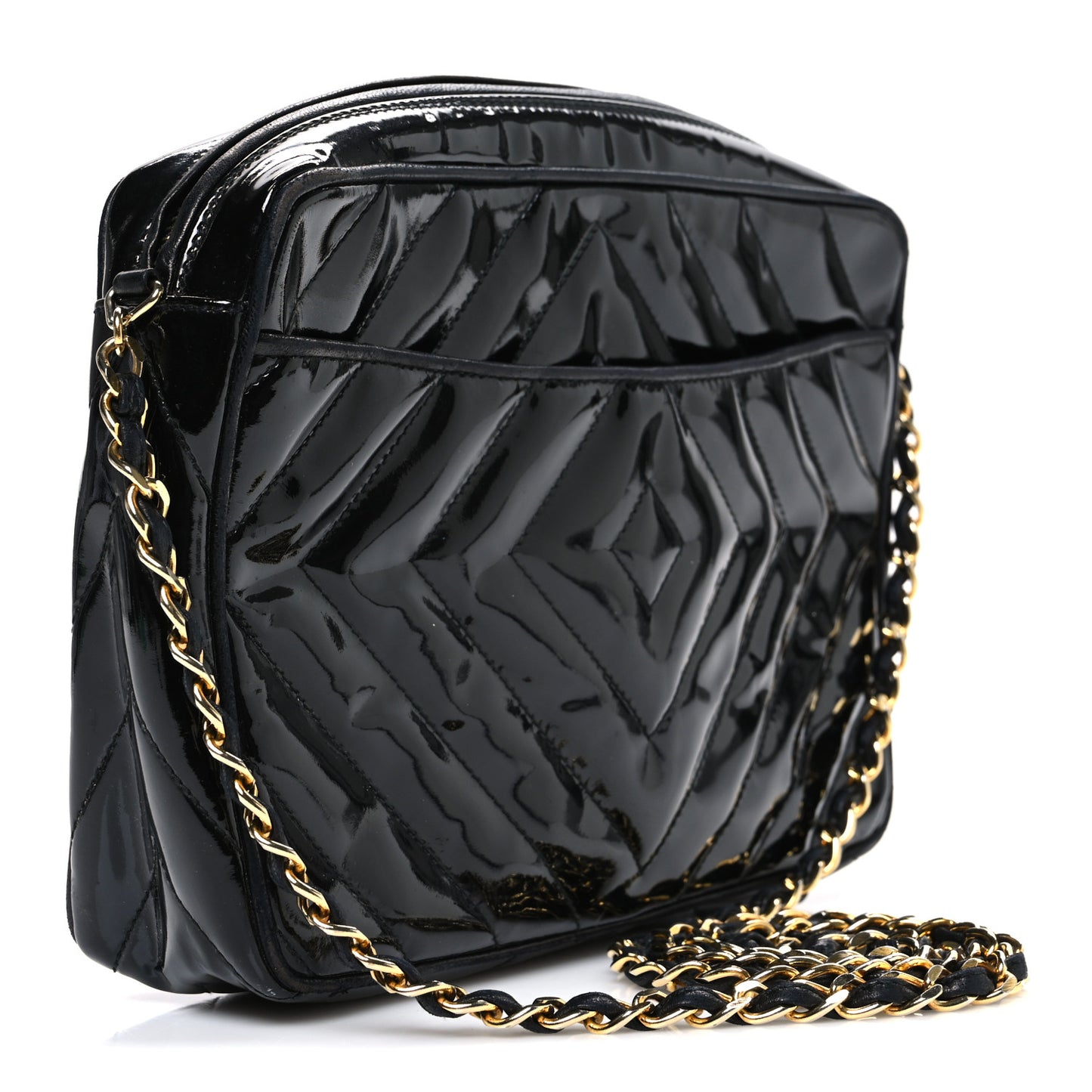Patent Chevron Quilted Tassel Camera Case Black