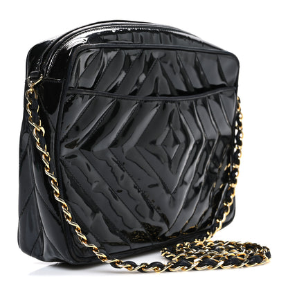 Chanel Patent Chevron Quilted Tassel Camera Case Black 3 of 11
