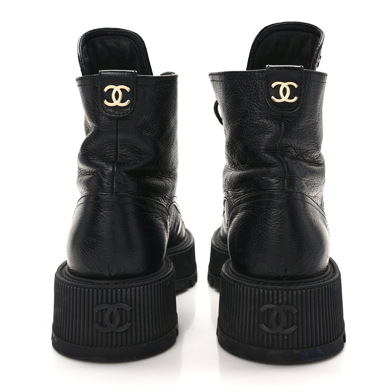 Chanel Grained Shiny Calfskin CC Lace Up Combat Boots 38 Black 5 of 11