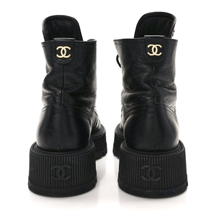 Chanel Grained Shiny Calfskin CC Lace Up Combat Boots 38 Black 5 of 11