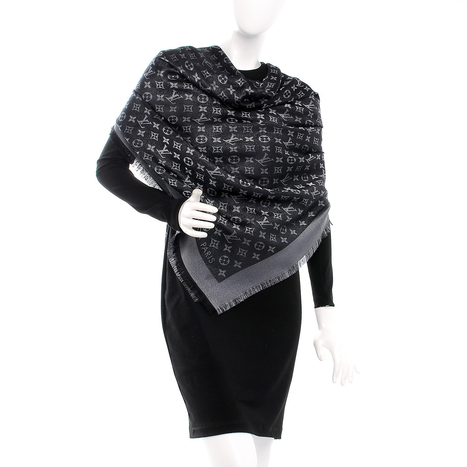 Louis Vuitton Silk Lurex Wool Monogram Shine Shawl Black 2 of 4