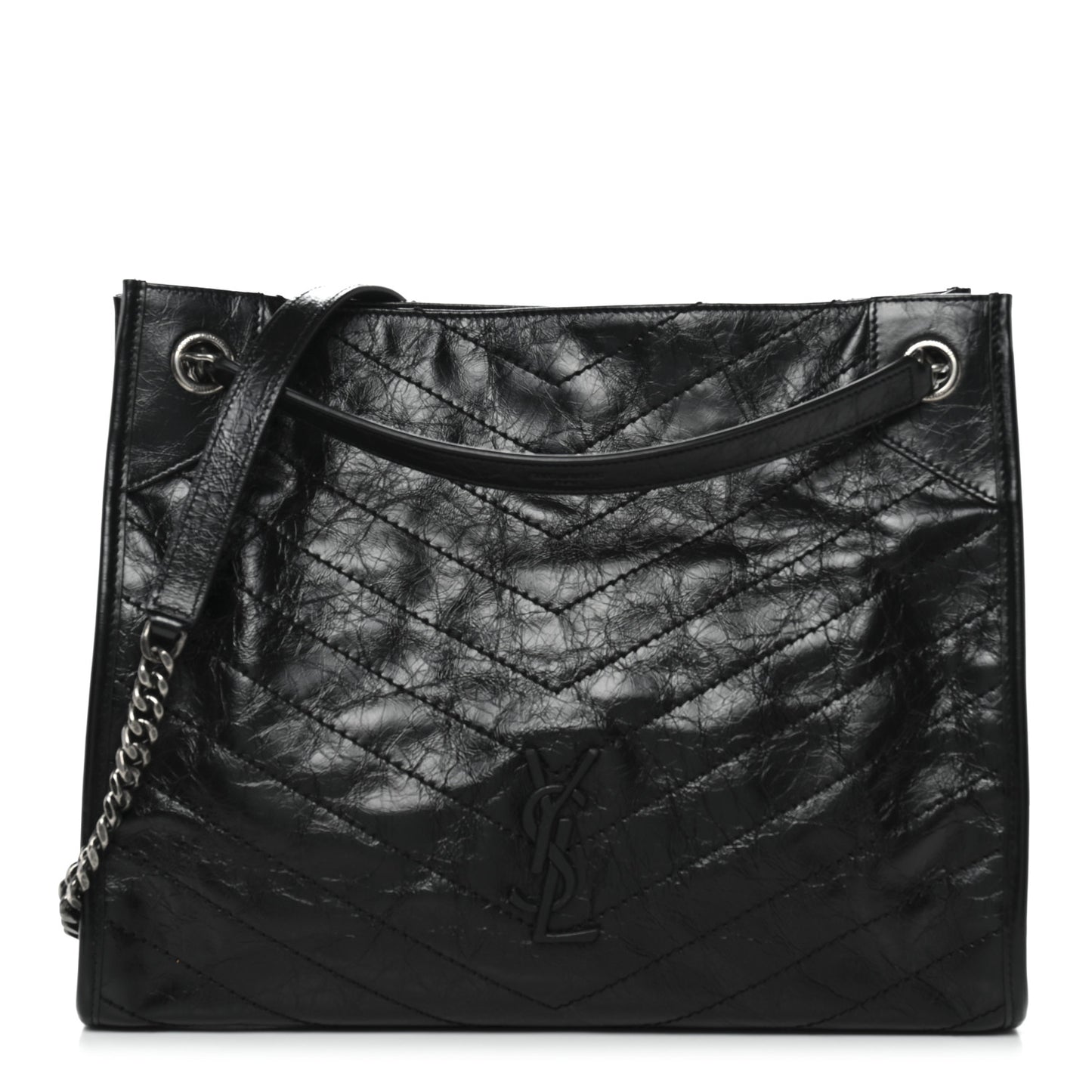 Crinkled Calfskin Matelasse Monogram Medium Niki Shopper Tote Black