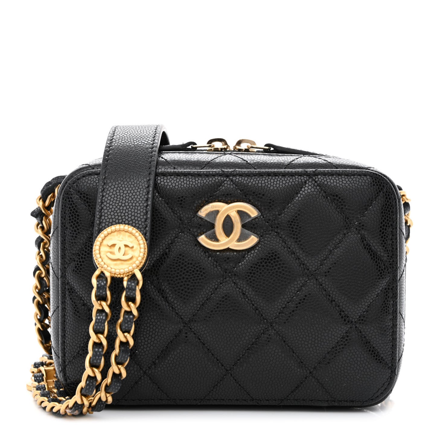 Caviar Quilted Twist Your Buttons Clutch With Chain Black