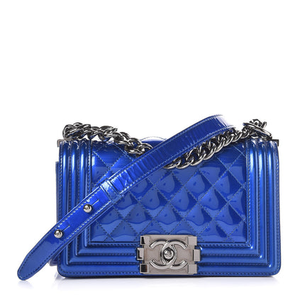 Chanel Metallic Patent Calfskin Quilted Small Boy Flap Blue 1 of 25