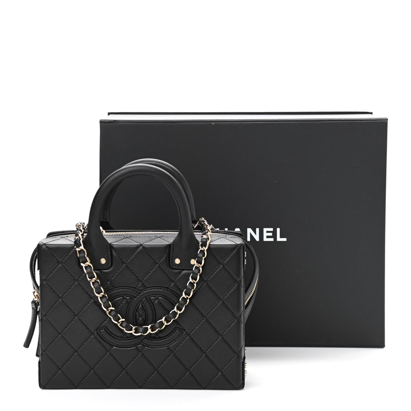 Calfskin Quilted Studded Square Vanity Case Black