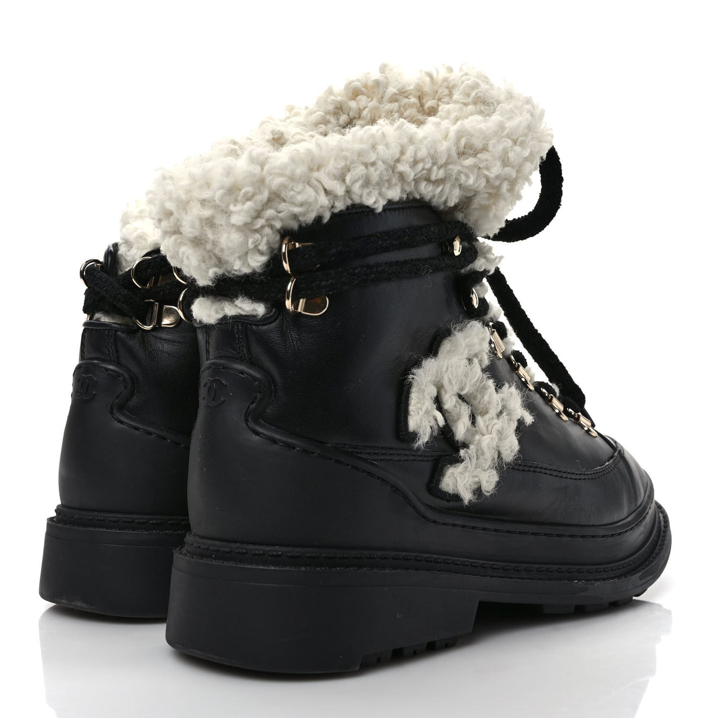 Calfskin Shearling CC Lace Up Boots 37 Black