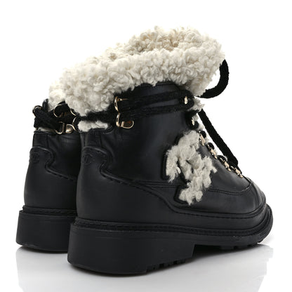 Chanel Calfskin Shearling CC Lace Up Boots 37 Black 4 of 10