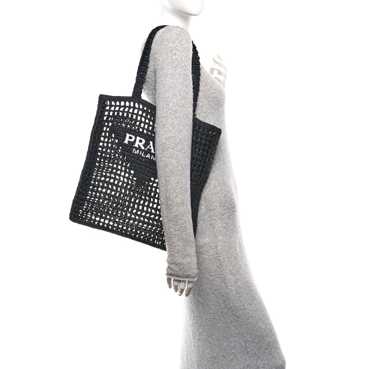 Yarn Raffia Effect Crochet Logo Embroidered Tote Bag Black